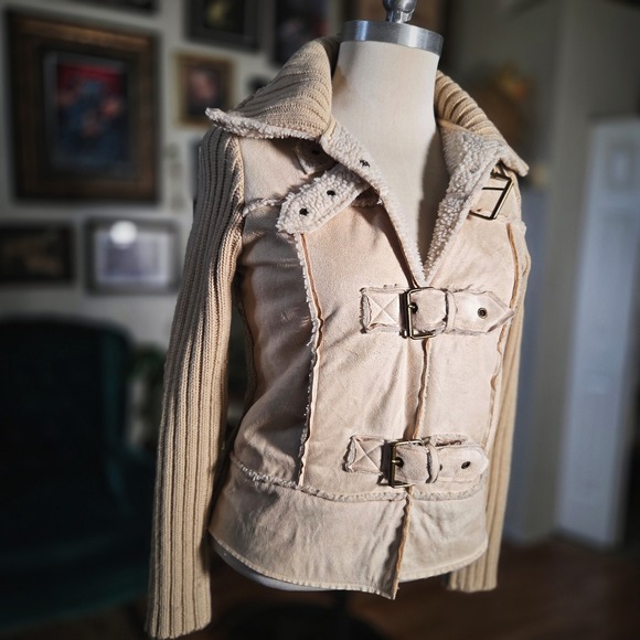 Y2K Glimmer Faux Shearling Buckle Jacket Cream Knit Sleeve Moto Sweater Jacket - Picture 2 of 7